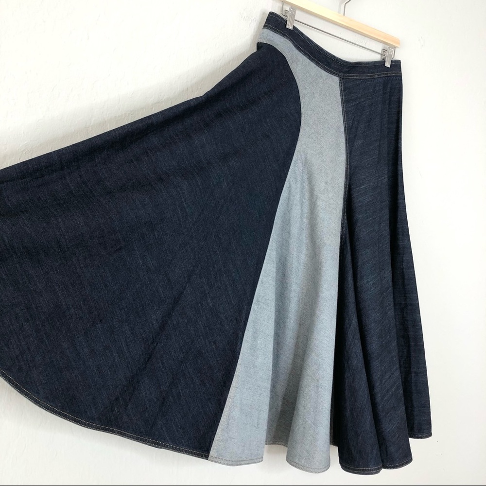 Lanvin Two Tone Curved Full Flare Denim Midi Skirt - Picture 5 of 10